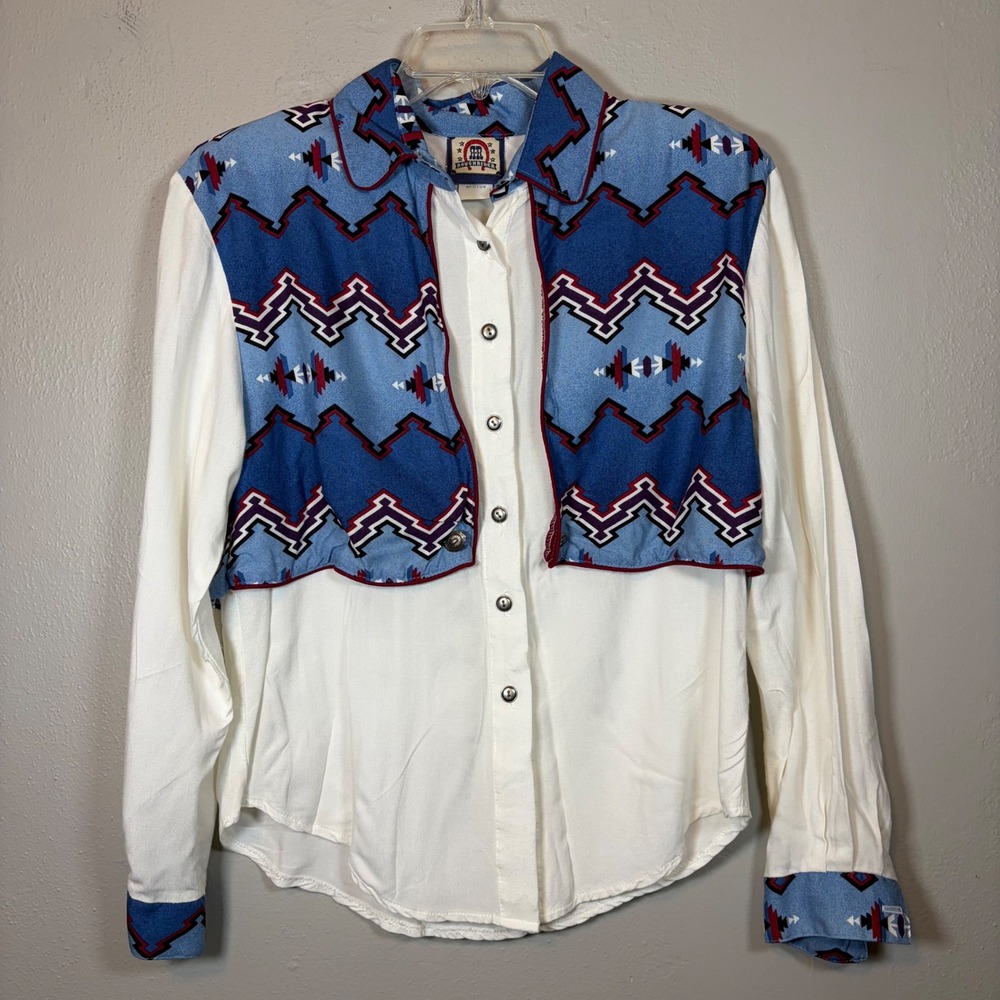 Roughrider Vintage Western Shirt Womens Medium Blue Southwestern Print 4153‎ USA